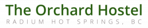 The Orchard Hostel, Radium Hot Springs, BC logo in green and grey coloured text
